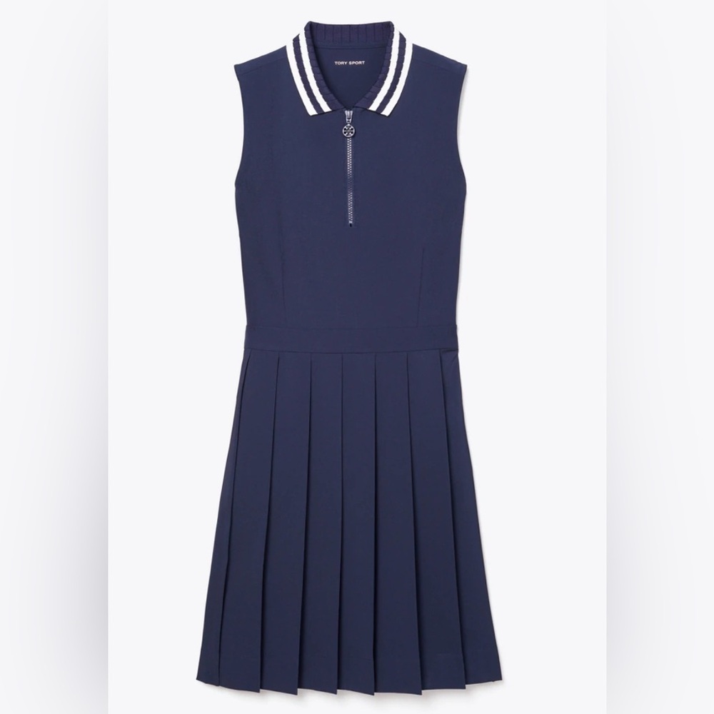 Tory Burch sport PERFORMANCE PLEATED COLLAR GOLF DRESS size S navy blue/white